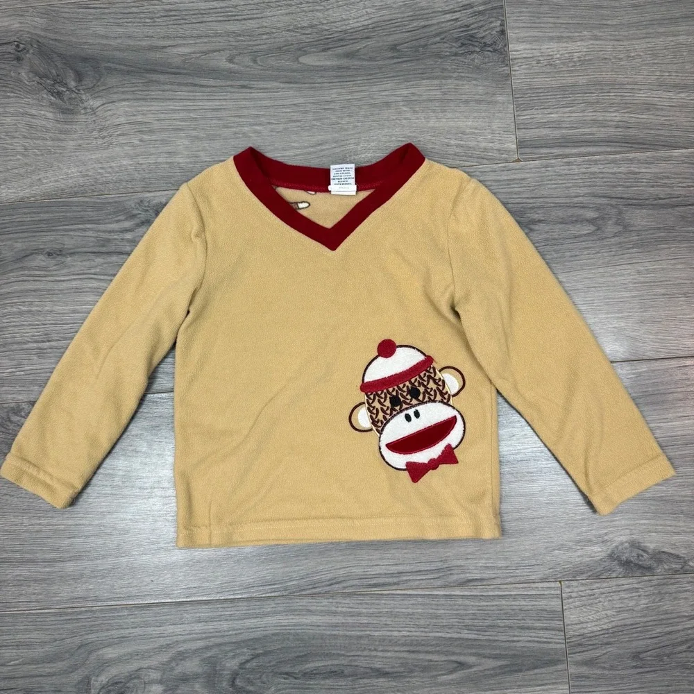 Sock Monkey Fleece Pajamas 4Y Tan Red Two Piece Set‎ Cozy Kids Sleepwear